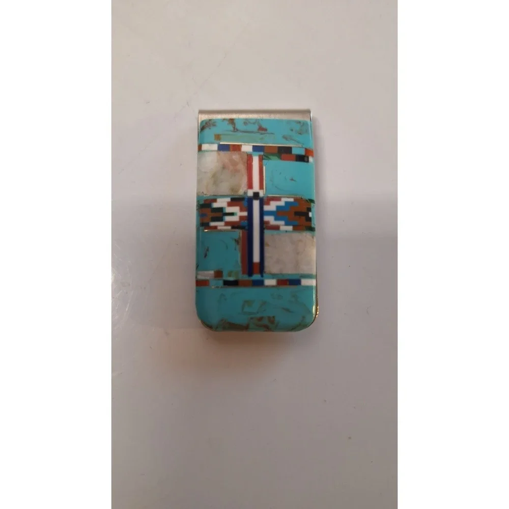 STERLING SILVER TURQUOISE MONEY CLIP NATIVE AMERICAN MULTI STONE INLAY